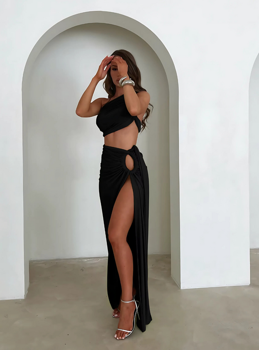 Zweiteiler Asymmetrisches Top und High-Waist Rock mit Schlitz