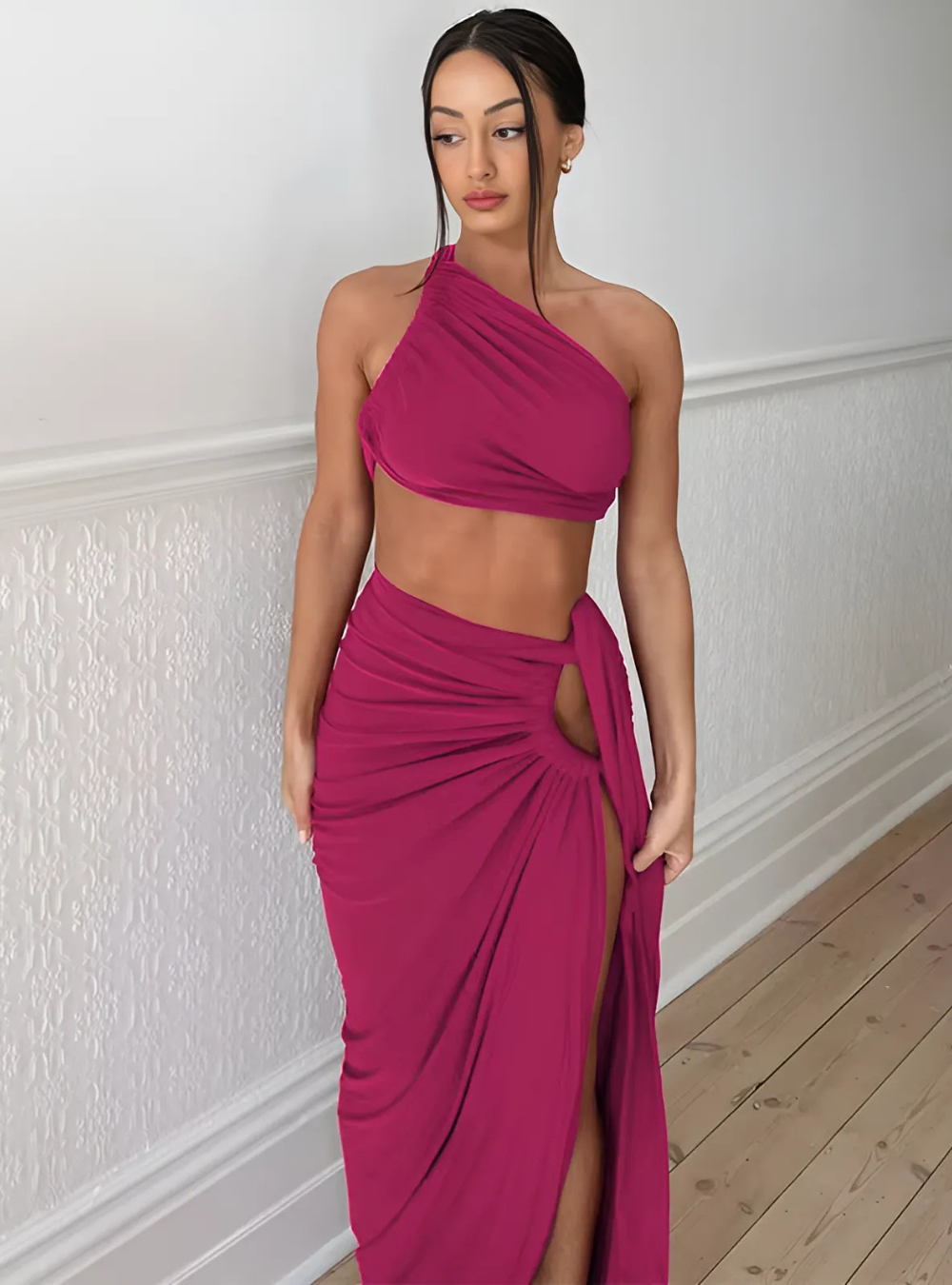 Zweiteiler Asymmetrisches Top und High-Waist Rock mit Schlitz