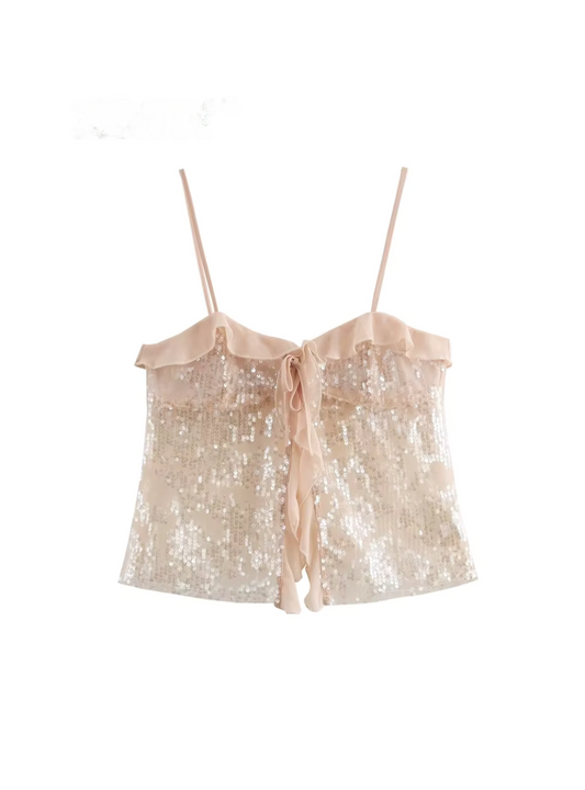 Pailletten-Chiffon Top mit Rüschen vorne